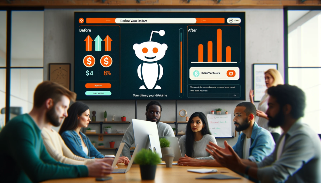 A modern computer screen displaying the 'DefineYourDollars' webapp interface, with icons of upvotes and the Reddit logo floating above it.