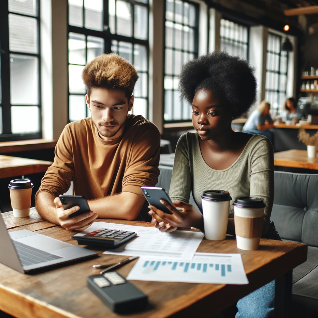 Young adults reviewing finances on smartphones in a coffee shop