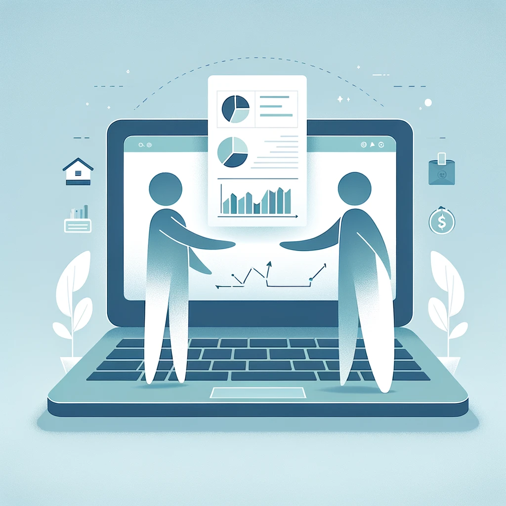 Minimalist illustration of two figures exchanging a document beside a laptop, symbolizing the new shareable financial plans feature in DefineYourDollars